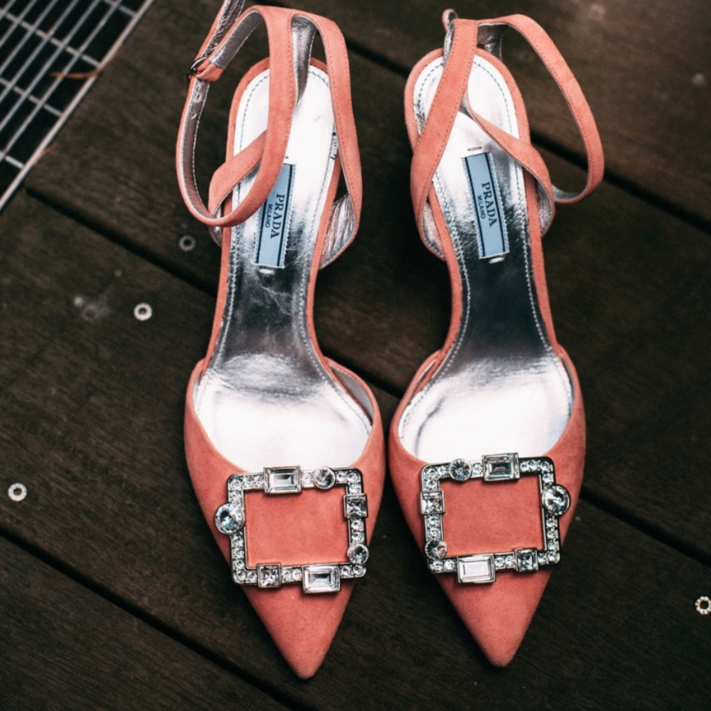 Prada Crystal Buckle Jewel Sandals In Pink Suede!